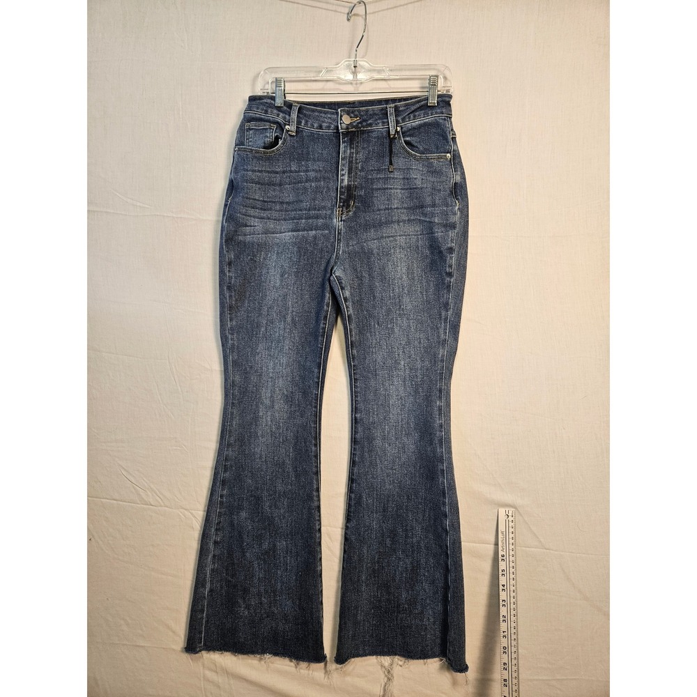 Commense Womens High Waisted Flare Jeans Dark Wash Raw Hem Size M OA241018035